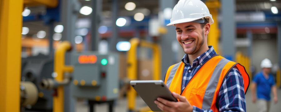 Professional worker wearing reflective vest and helmet uses tablet outdoor in industrial setting with happy expression