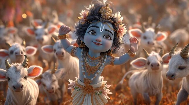 Animated 3D scene of Krishna dancing joyfully with children and cows, bathed in soft festive light, celebrating love, playfulness, and divine harmony.

