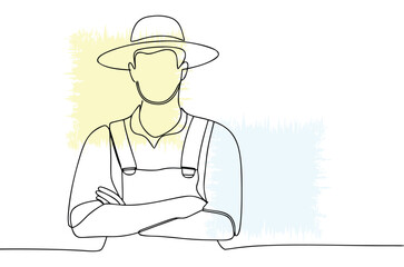 One line drawing of a farmer standing with arms crossed expressing confidence and experience agricultural field worker in overalls and hat with minimal background and linear style