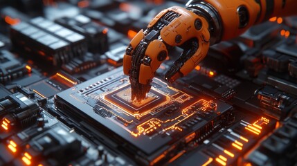 Robotic arm installs chip on board, modern high tech electronics manufacturing.
Useful for articles about technology, innovation, automation and industry.