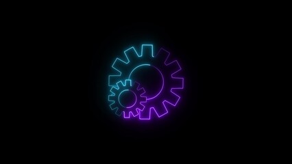 Abstract glowing neon gear wheel illuminated with vibrant blue and purple light against a dark background
