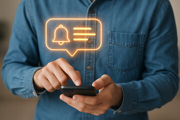 A person holding a smartphone with a glowing orange notification bell icon in a speech bubble, symbolizing mobile alerts and instant digital communication