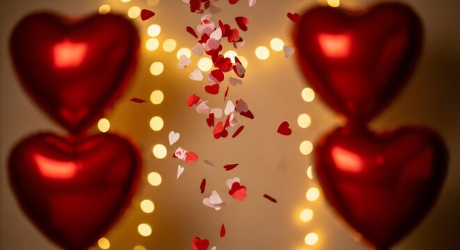 Red heart balloons with falling red  white confetti against a blurred background of warm white string lights