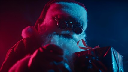 Santa Claus in red and blue neon lighting, wearing retro goggles, examining a wrapped present. Concept Neon-lit Santa Portrait, Red and Blue Lighting, Retro Goggles, Examining a Wrapped Gift