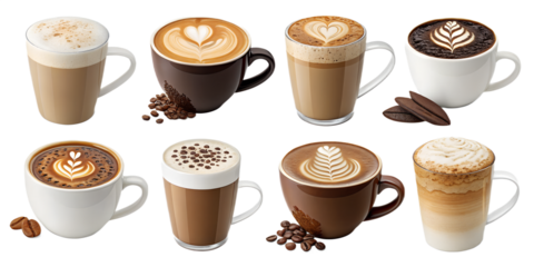 Coffee and cappuccino PNG set – realistic coffee drinks, latte art, isolated transparent background

