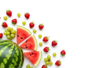 Overhead shot of watermelon, strawberries, and grapes on a white background.