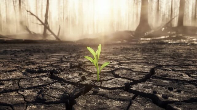A young green sprout pushes through cracked dry soil in a drought-stricken area. Rays of sunlight break through the trees, symbolizing hope and resilience