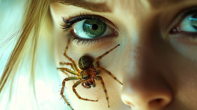 Close-up of an eye and a spider on a girl's face.
Suitable for articles about fears, phobias, insects, as well as for illustrations about human interaction with nature.