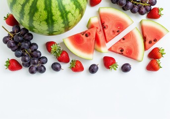 Fresh summer fruits: watermelon, grapes, and strawberries on a white background.