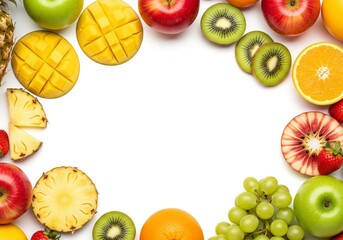 Colorful fruit frame on white background, healthy eating concept.