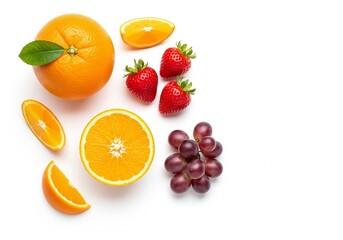 Overhead shot of fresh fruit including oranges, strawberries, and grapes on white background.