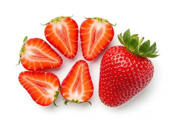 Fresh strawberries, whole and halved, on a white background, showcasing their vibrant red color and juicy texture.