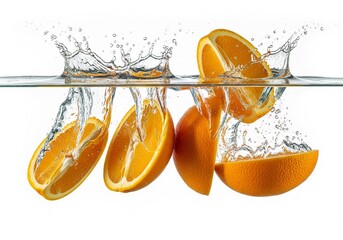 Orange slices splashing into water, creating a dynamic and refreshing scene against a white background.