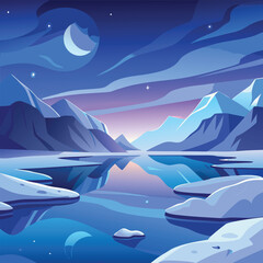 Serene Winter Landscape With Icy Lake And Moon snow