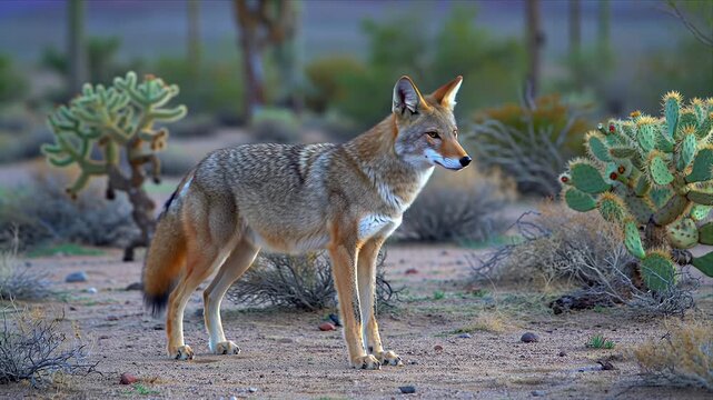 Wild Coyote in Desert Landscape An Alert Canine Predator in its Natural Habitat Among Cacti and Arid Plants of the American Southwest