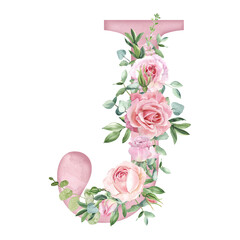 Watercolor pink roses flowers letter J for card design, initials, monogram print.