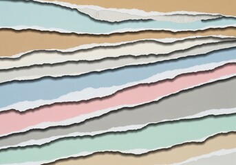 Torn paper strips in various colors layered on top of each other.