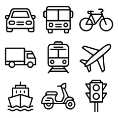Outline vector transport icons car, bus, bike, truck, train, plane, ship, scooter, and traffic light. Ideal for digital design, travel, and logistics themes