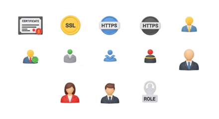 Set of icons representing security, business, and people, isolated on transparent background