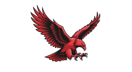 Obraz premium A dynamic red eagle in mid-flight, wings fully extended and talons poised for attack, against a clean white background.