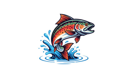 A colorful illustration of a rainbow trout leaping out of water with splashes, perfect for fishing and outdoor related designs.
