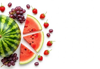 Watermelon slices, grapes, and strawberries on a white background.