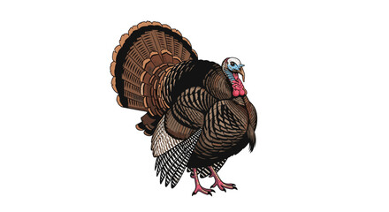 Illustration of a male wild turkey with its tail feathers fanned out in display; courtship behavior.