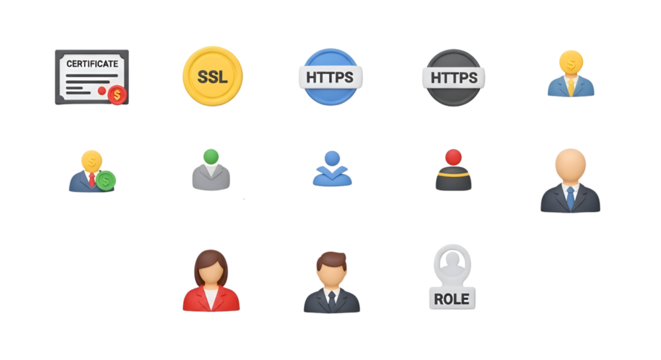 Set of icons representing security, business, and people, isolated on transparent background