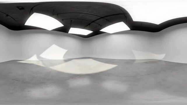 Modern minimalist empty studio space with concrete floor and curved white walls under bright overhead lights