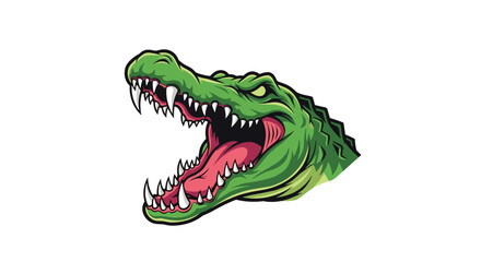Fototapeta premium A vibrant green alligator or crocodile head with its mouth open wide, displaying sharp teeth and a pink tongue, against a clean white background.