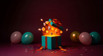Fototapeta premium An open teal gift box radiating a warm magical glow and confetti.