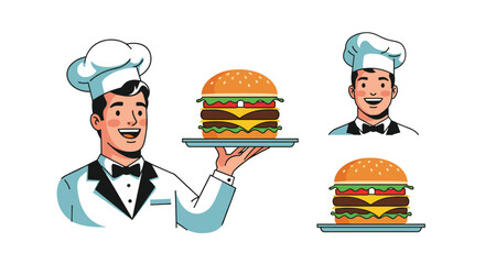 Chef in uniform serving a double cheeseburger on a tray, with additional chef and burger images for restaurant or food-related design.