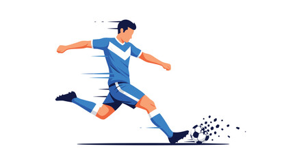 A dynamic illustration of a soccer player in a blue jersey kicking a ball with powerful motion and impact, against a clean white background.