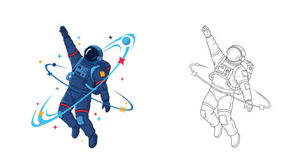 Astronaut in a dark blue suit floating in space with colorful stars and orbits around him.