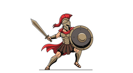 A fierce Spartan warrior in battle stance, wielding a sword and shield, ready to fight against any foe.