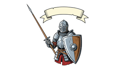 Knight in full armor holding a spear and shield with a banner above.
