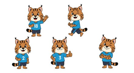 Collection of cheerful cartoon lynx characters in blue sports attire, featuring numbers and diverse positive gestures, isolated on white.
