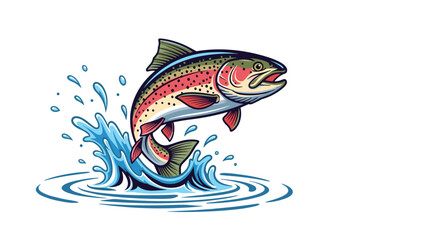 A stylized vector image depicts a rainbow trout jumping out of the water, surrounded by splashes and ripples, set against a white background.