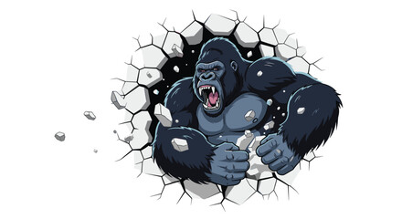 A powerful gorilla breaking through a wall, expressing strength and dominance against a white background.