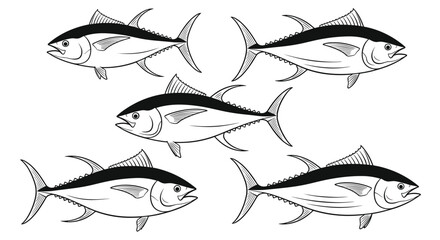 Illustration of five tuna fish swimming, isolated on a white background, perfect for educational materials and aquatic themes.