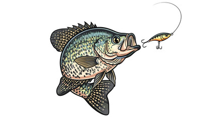 A crappie fish lunges towards a fishing lure dangling from a line; dinner time.