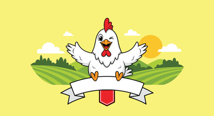 A cheerful cartoon chicken with outstretched wings winks and smiles while sitting on a blank banner in a sunny farm landscape.