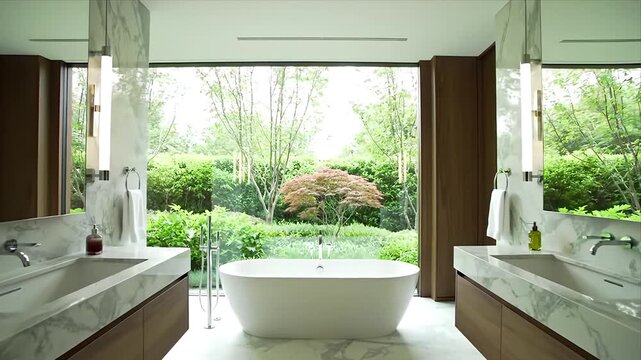 Sleek Modern Luxury Bathroom Design with Freestanding Bathtub Dual Marble Vanities and Expansive Floor-to-Ceiling Window Garden View