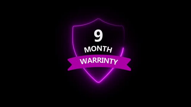 9 months neon warranty concept background. Support service icon, 9 month Warranty Stamp, Round Rubber Stamp with Text Animation. Text Animation. with black background and 4k video animation .