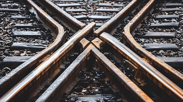 Train tracks crossing junction railway switch transportation infrastructure abstract industrial detailed close up weathered metal gravel ballast high resolution photo
