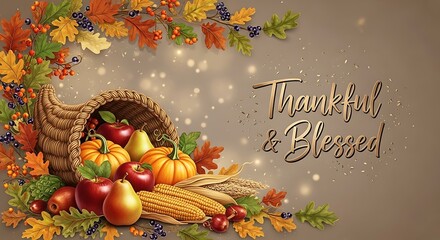 Elegant Thanksgiving harvest with cornucopia, pumpkins, fruit, and autumn leaves conveying Thankful and Blessed