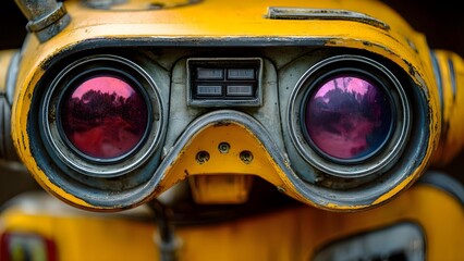 Close-up of a yellow, weathered robot head with two large purple eye lenses. Concept Close-up robot head, Weathered yellow metal, Purple eye lenses, Industrial texture, Futuristic retro tech