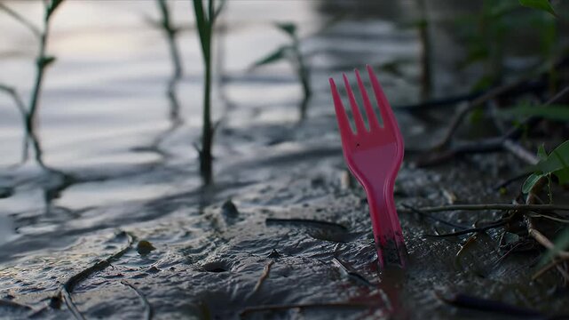 Pink Plastic Fork Stuck in Mud A Symbol of Environmental Pollution Single-Use Waste and Ecological Impact at Natures Edge