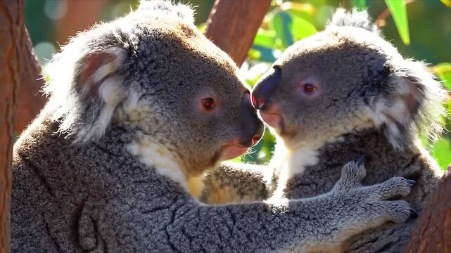 Close-up of Two Adorable Koalas Nuzzling Affectionately in Eucalyptus Tree - Heartwarming Australian Wildlife Moment in Natural Habitat