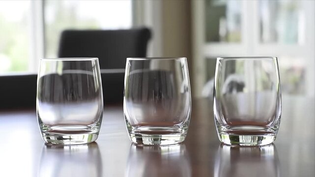 Three empty clear drinking glasses stand perfectly aligned on a polished wooden table in a bright modern home setting ready for refreshing beverages